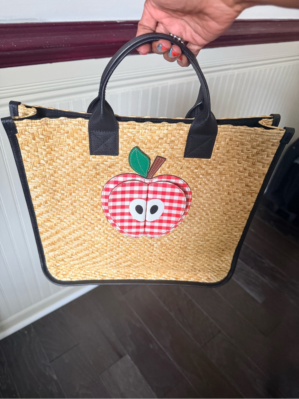 Gucci Straw Tote with Red Gingham Apple Appliqué and Black Trim